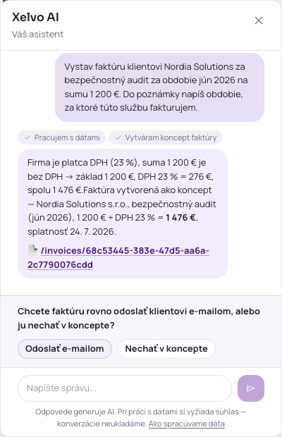 Asistent vytvoril koncept faktúry a ponúka ďalší krok