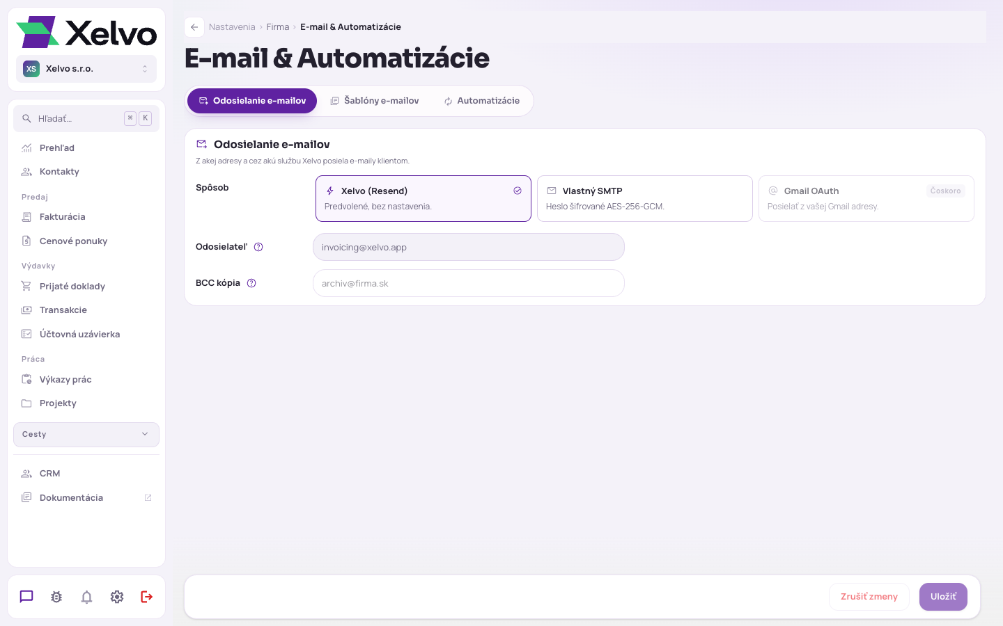 Sekcia E-mail a Automatizácie v Nastaveniach