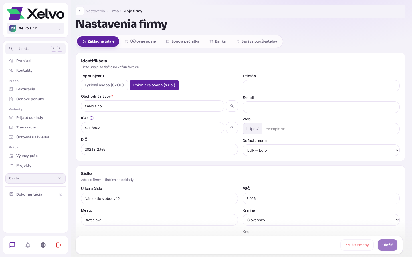 Nastavenia firmy — základné a účtovné údaje