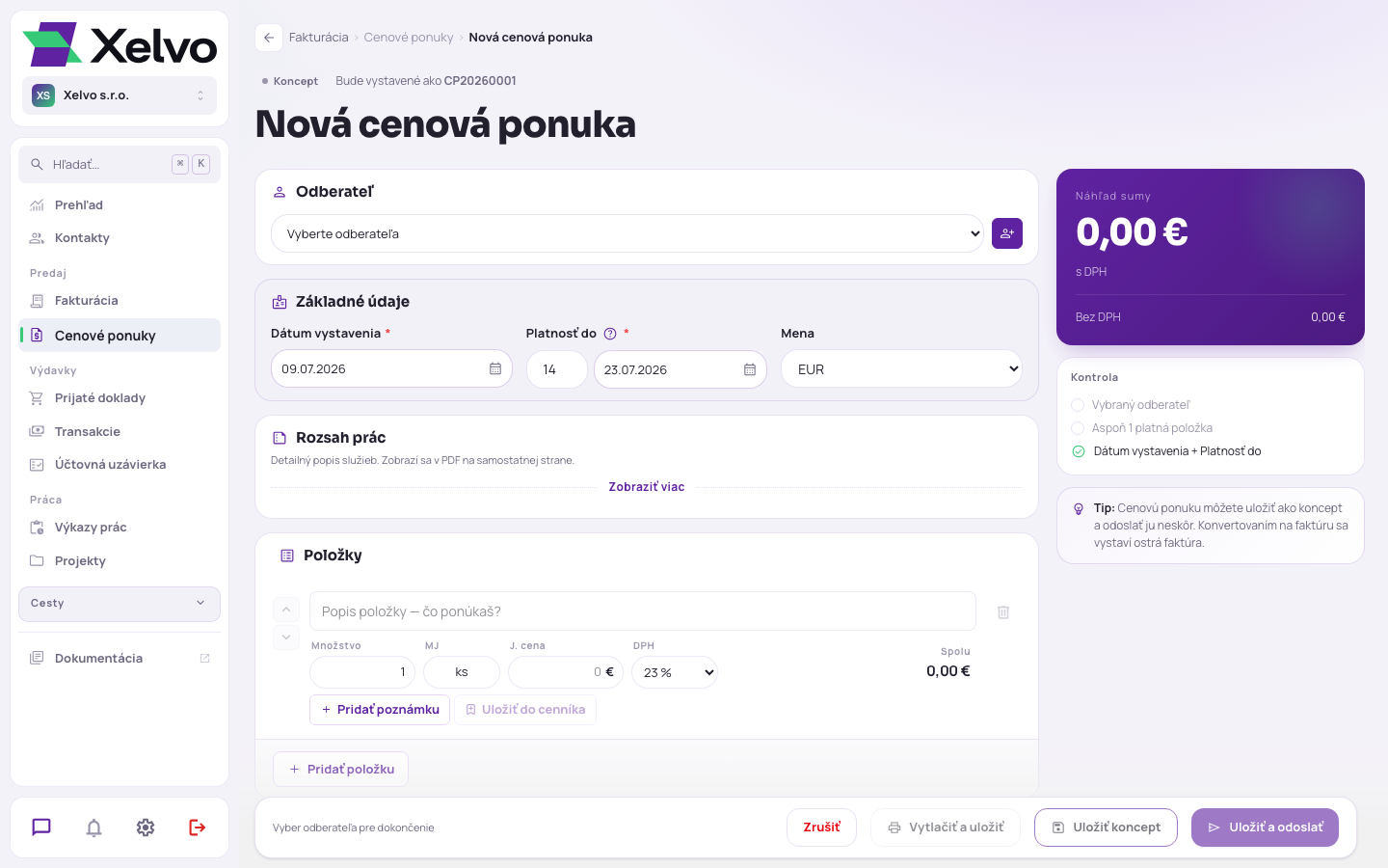 Formulár novej cenovej ponuky