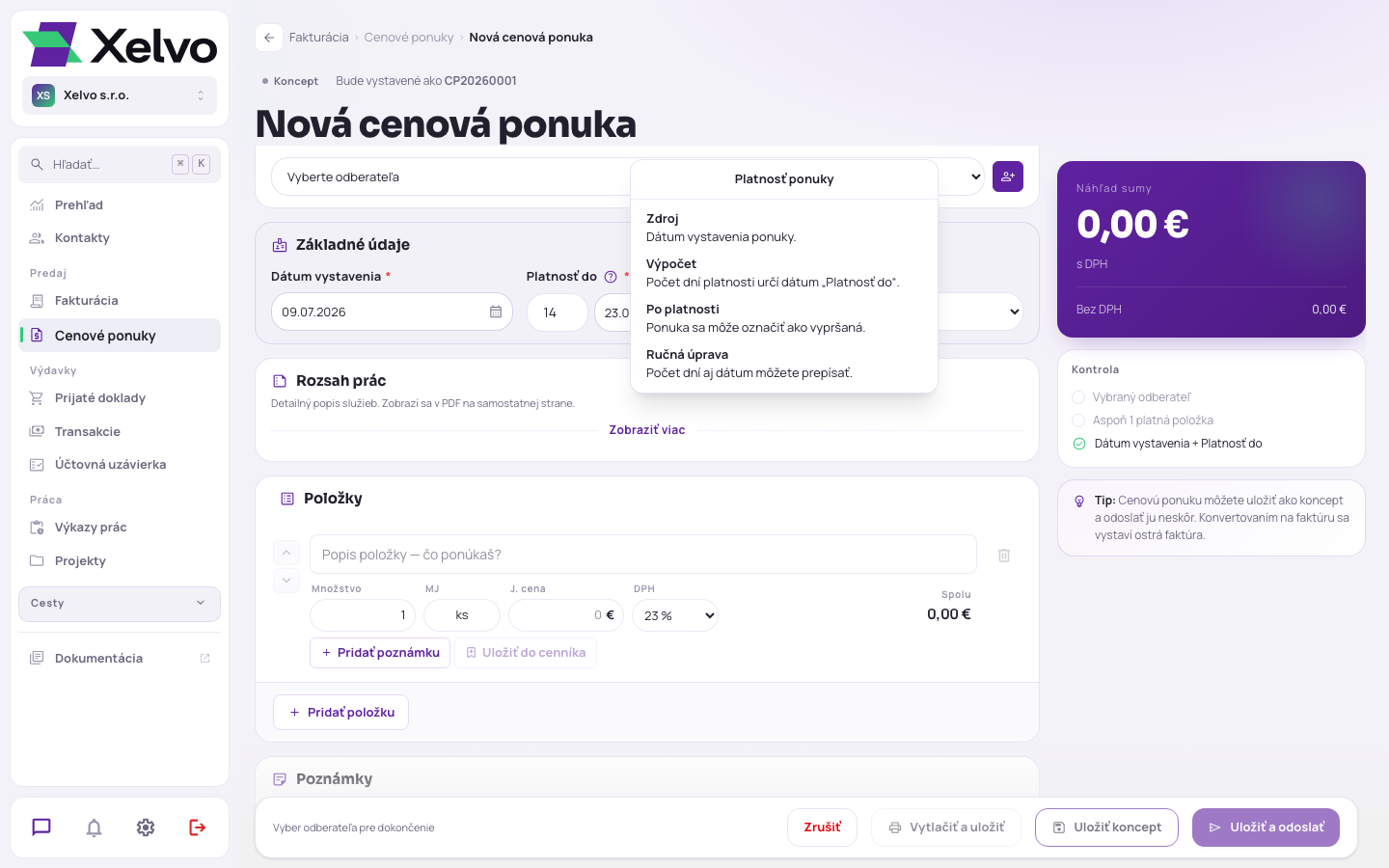 Sekcia s položkami ponuky