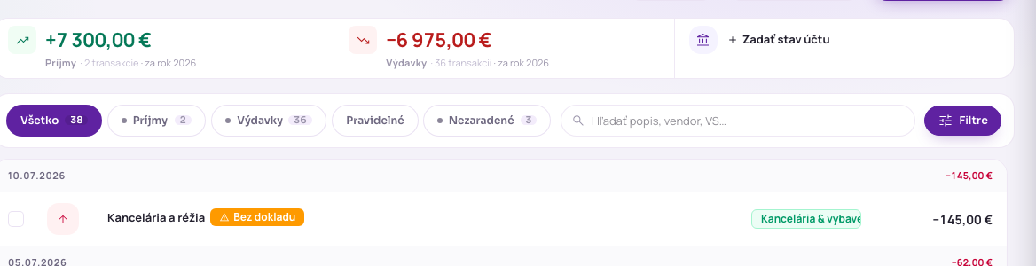 Záložky, vyhľadávanie a tlačidlo Filtre